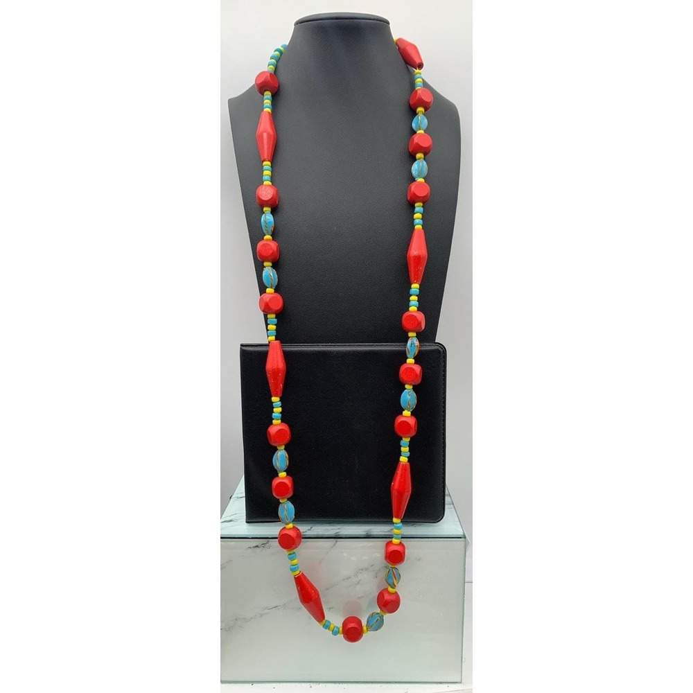 Vintage Vibrant Multicolored Wood And Acrylic Beaded‎ Necklace 36"